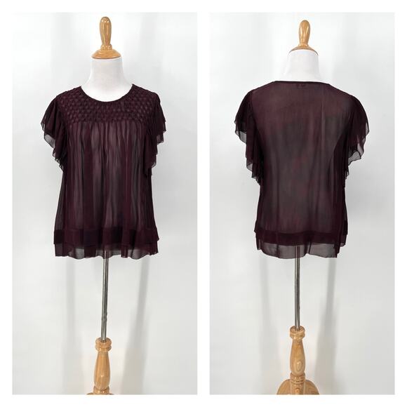 LOVESHACKFANCY Silk Blouse Top Womens Medium Burgundy Ruffle Pintuck Scoop Neck - Picture 4 of 16